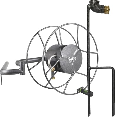 Yard Butler Wall-Mounted Swivel Hose Reel & Spike Sprinkler Stand Bundle - Heavy-Duty Powder Coated Steel Storage - Outdoor Watering Accessory for Lawn & Garden Use