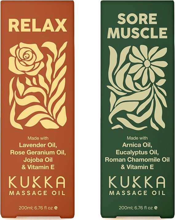 Kukka Relax Massage Oil (6.76 fl oz) & Sore Muscle Massage Oil (6.76 fl oz) Set - Body Oils for Women & Men - Spa Quality & Light Weight