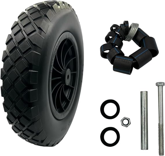 14" Solid PU Wheelbarrow Tyre 3.50-8 - Wheelbarrow Wheel Replacement, Heavy Duty Puncture Proof Tyre for Sack Trolley With 120mm Bolt, 100mm Sleeve & Nut and 1/2" Bore Spacer