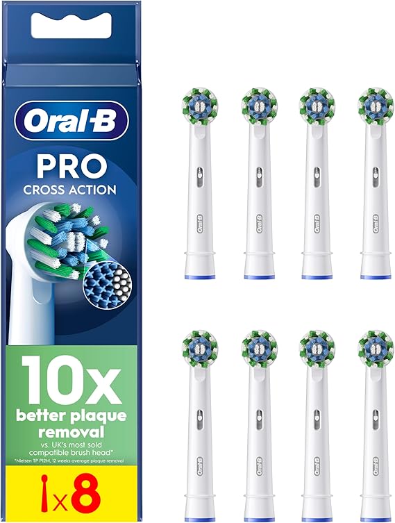 Oral-B Pro Cross Action Electric Toothbrush Head, X-Shape and Angled Bristles for Deeper Plaque Removal, Pack of 8 Toothbrush Heads, White