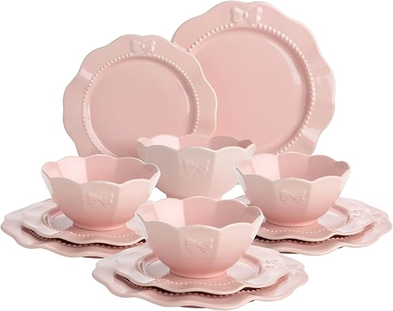 Paris Hilton 12-Piece Dinnerware Set, Embossed Bow Design, Iconic Ceramic Stoneware Service for 4 with Dinner Plates, Salad Plates, and Bowls, Microwave & Dishwasher Safe, Pink