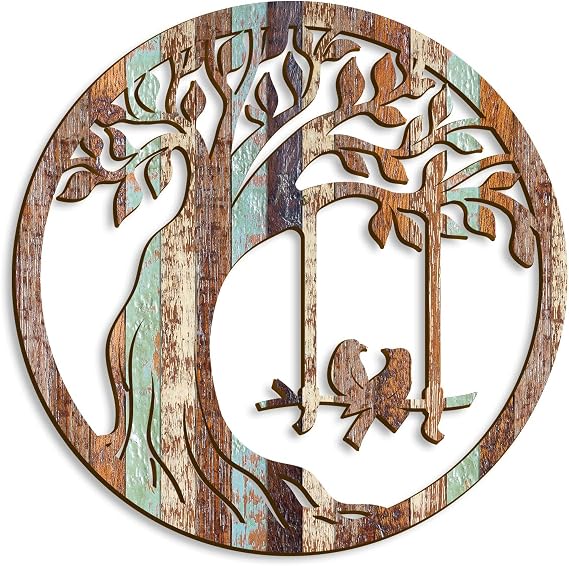 Oubasa Wooden Wall Plaque Tree of Life Birds, 12 Inch, Brown | Farmhouse Rustic Wall Hanging Decor, For Bathroom Kitchen Living Room Bedroom