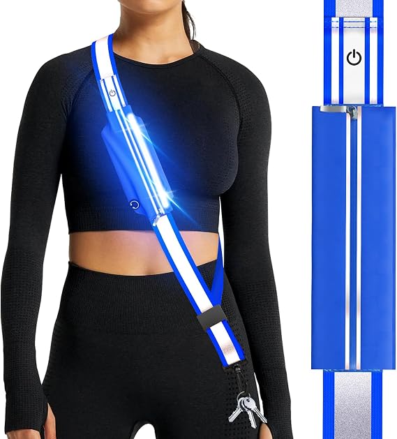 Ylzzrs LED Belt Reflective Sash for Walking at Night,High Visibility Adjustable Night Running Safety Gear,Light Up Running Belt Reflective Gear with Phone Bag/Armband for Runners Walkers Men Women