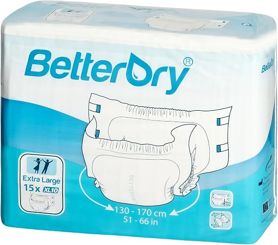BetterDry Overnight Adult Diapers - Plastic Backed, Overnight Absorbency, Unisex for Women and Men (X-Large - Case - 60 Count)