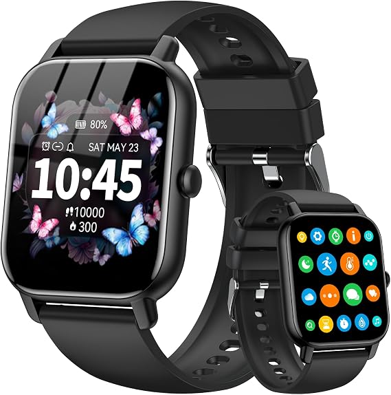 Smart Watch for Men Women,1.85 inch HD Screen Bluetooth Fitness Tracker Step Counter/Sleep Monitor,110+ Sports Modes,IP68 Waterproof Smart Watch Compatible with iPhone Samsung Android Phone, Black
