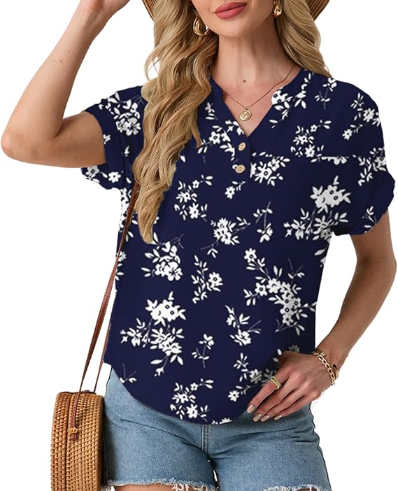 HiMONE Womens V Neck Blouse Short Sleeve Textured Top Loose Fit Casual