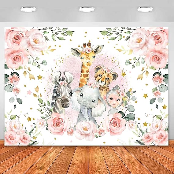 Jungle Safari Baby Shower Backdrop It's A Girl Pink Floral Zoo Animals Baby Shower Party Decorations Wild One Birthday Photography Background Cake Table Banner Supplies (5x3ft)
