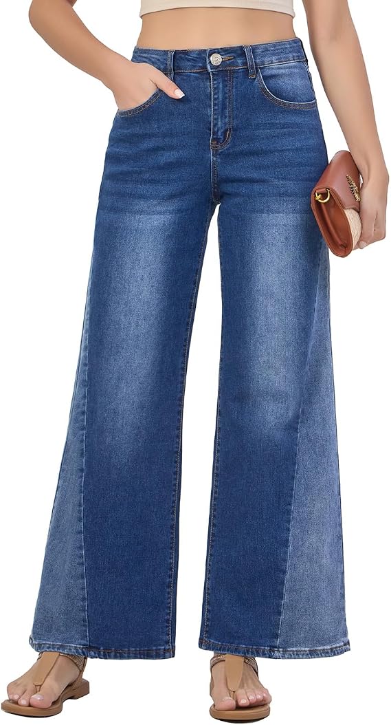 VIPONES Women's Wide Leg Jeans High Waisted Strechy Straight Baggy Jeans for Women Trendy Outfits Denim Pants with Patchwork