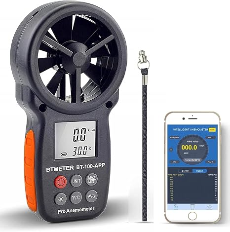 BTMETER Digital Bluetooth Anemometer Handheld, Wireless Wind Speed Gauge, Air Velocity Meter with Max/Min/AVG and Backlight for HVAC, Drones, Sailing, Surfing, Outdoor BT-100APP