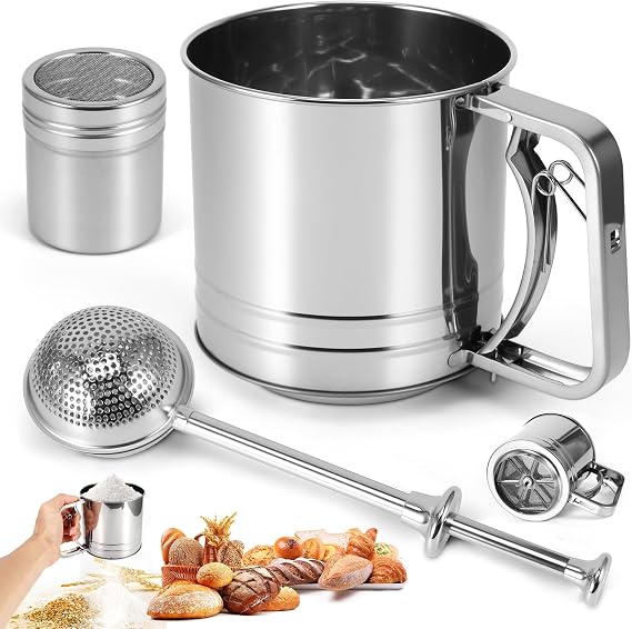 Flour Sifter, 3 in 1 Stainless Steel Sifter for Baking, 3 Cup
