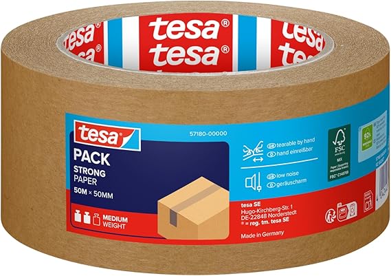 tesa Paper Packaging Tape Made From Recycled Materials for Packing Parcels and Boxes 50 m x 50 mm