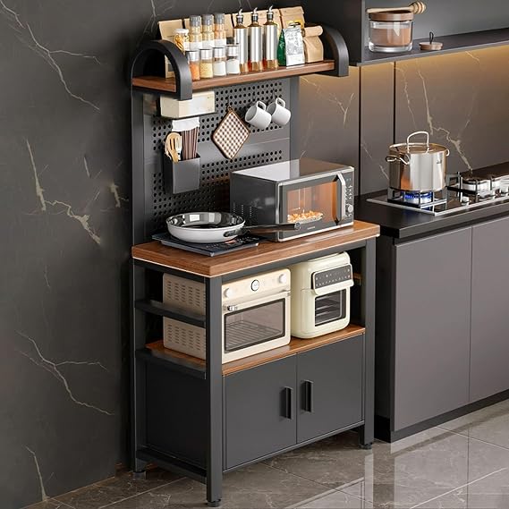 Kitchen Pantry Storage Cabinet Buffet, Metal Hutch Cupboard, Sideboard Buffet Cabinet with Storage, Storages Rack with Pegboard, Black Cupboard for Kitchen(100x40x148cm/39.3x15.7x58.2'')