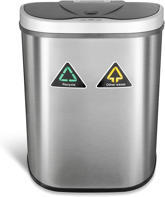 Ninestars DZT-70-11R Automatic Touchless Motion Sensor Semi-Round Trash Can/Recycler, 18.5 Gal. 70 L., Stainless Steel