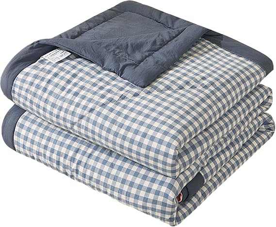 ZTGL Summer Comforter Single Twin Size Quilt 100% Washed Cotton Plaid Bed Blanket with Soft Microfiber Inner Fill Bedding Lightweight All Season Down Alternative Duvet Insert,Blue,180x220cm