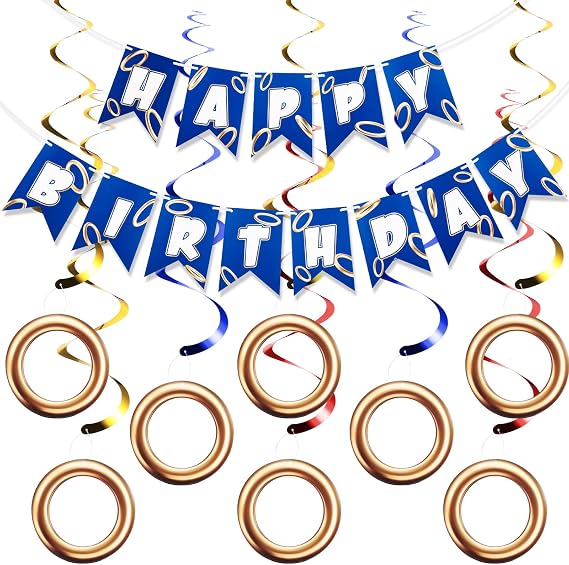 Epakh Blue Gold Birthday Banner with 8 Pcs Swirl Decorations