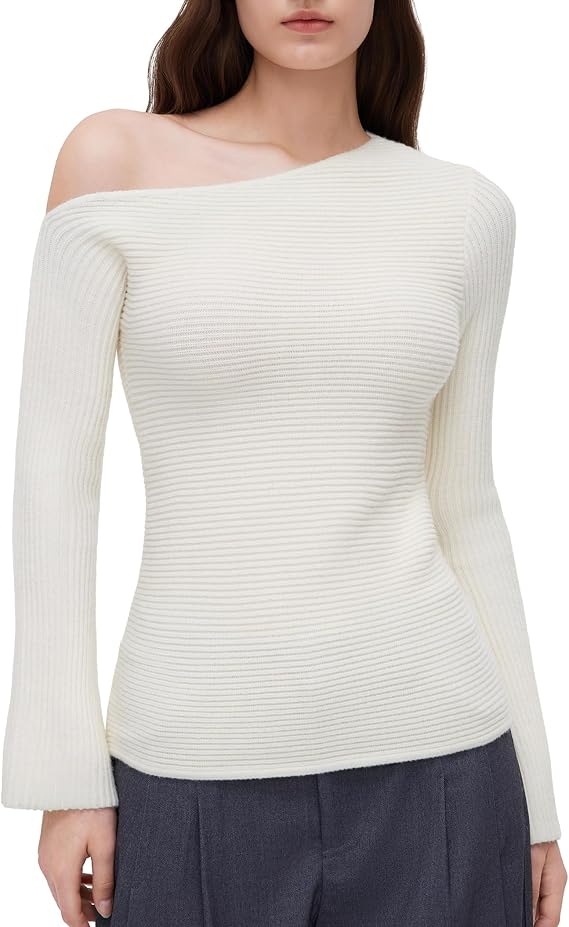 OMKAGI Off the Shoulder Fall Sweaters for Women Trendy Slim Fit Ribbed Knit Long Sleeve Top