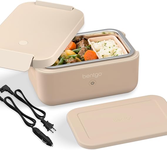 Bentgo Heat Electric Lunch Box & Portable Food Warmer for Work & Travel | Heated Lunch Box, 4.1-Cup Stainless Steel Container, Leakproof Lid, Wall & Car Power Cords (Latte)