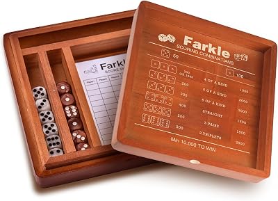 Farkle Classic Dice Game Set Wooden Dice Tray with Storage Case, 2 Sets of Dice, Score Pad, Pen Holder & Built-in Scoring Guide Family Game Night or Gift