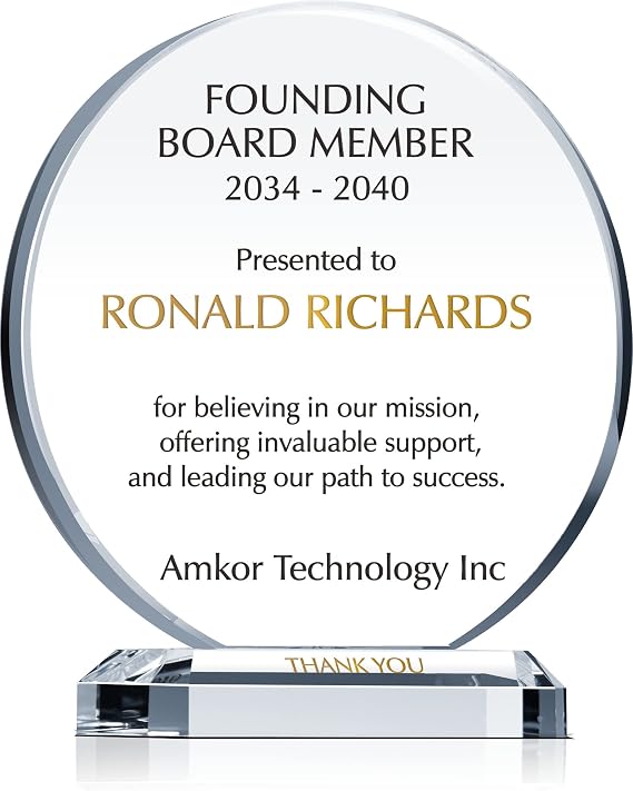 Custom Crystal Board Member Appreciation Plaque Personalized Farewell Gift for Chairman, Executive, or Director (M-6.5")