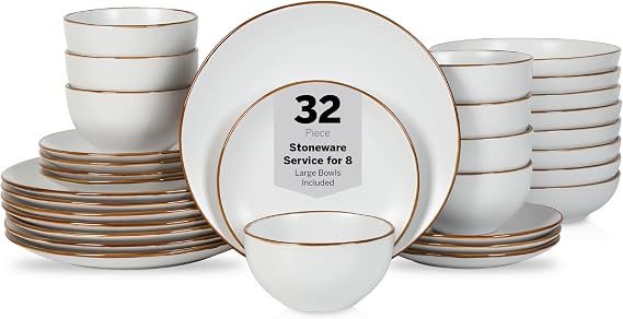 Stone Lain Brasa Stoneware 32 Piece Modern Dinnerware Set, Plates and Bowls, Service for 8, White, Microwave & Dishwasher Safe