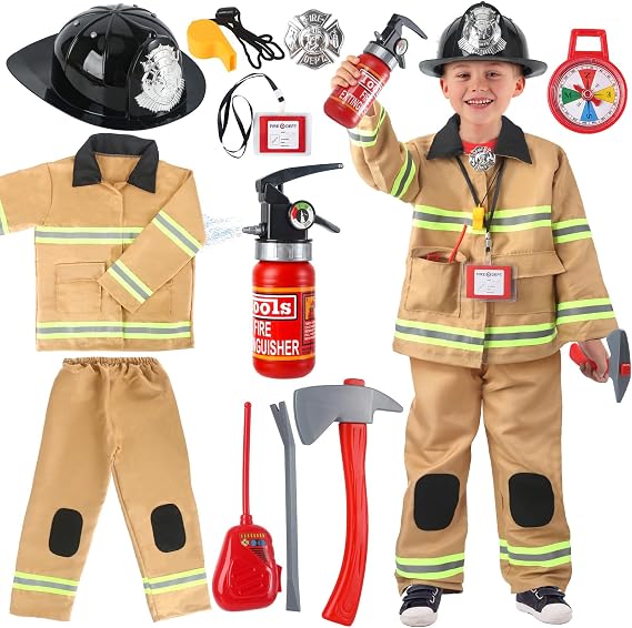 CAPTAIN CHAOWING Kids Firefighter Costume with Toys, Fireman Dress Up 3-7