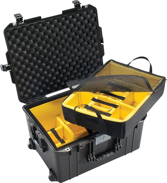 Pelican CVPKG Presents - Black 1607 with Yellow Padded dividers Air case.  with Wheels.