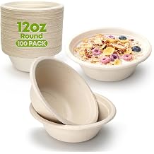 TaidMiao Paper Bowls Disposable - 100 Pack 12 oz Compostable & Biodegradable Bowls; Heavy Duty Sugarcane Fiber Bowls, Microwave Safe; Ideal for Soup, Salads, Pasta & Ice Cream
