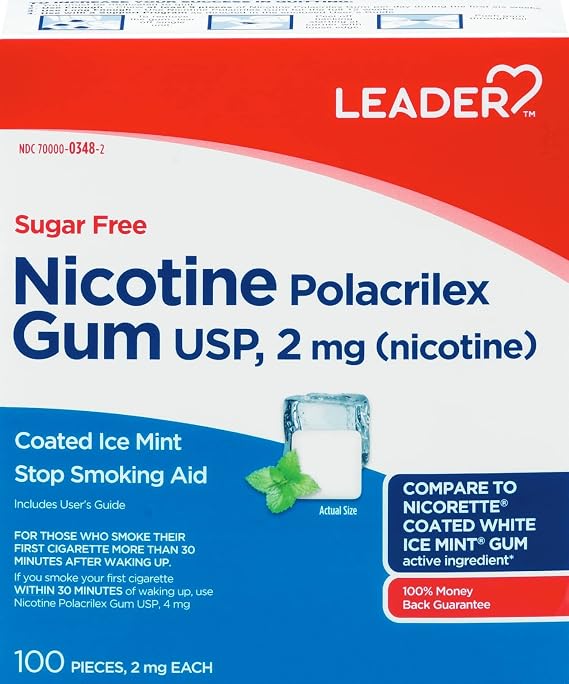 Leader Nicotine Gum Stop Smoking Aid, 2 mg, Nicotine Transdermal System, Ice Mint, Polacrilex Quit Smoking with Behavioral Support Program, Sugar Free, 100 Count
