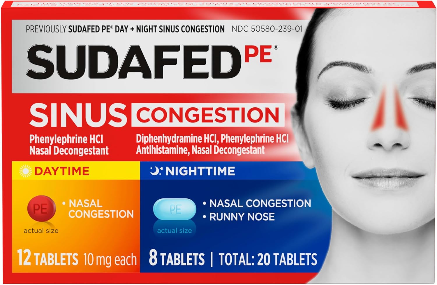Sudafed PE Sinus Congestion Day  Night Maximum Strength Decongestant & Antihistamine Tablets with Phenylephrine HCl & Diphenhydramine HCl, Helps Nasal & Sinus Pressure & Congestion, 20 ct