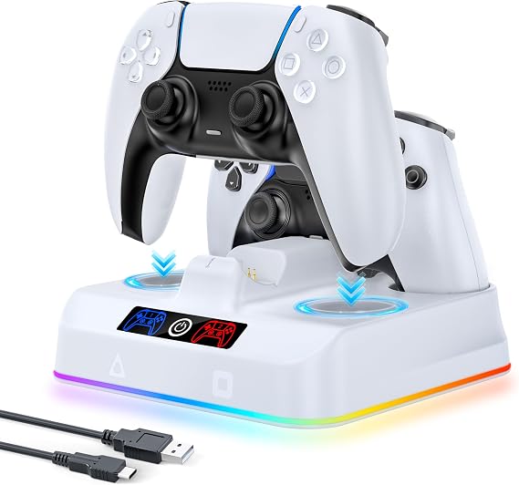 PS5 Controller, Charging Stand, Quick Charge 2 Devices Simultaneously, Simply Place Down Charging, Overcharge Prevention, USB-C Cable Included, LED Indicator Lamp Included, RGB Light Modes, Preset 5