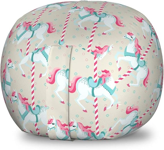 Ambesonne Toy Horse Storage Toy Bag Chair, Merry Go Round Amusement Park Carousel Toy Ride Roundabout Park, Stuffed Animal Organizer Washable Bag, Small Size, Beige Seafoam Pink