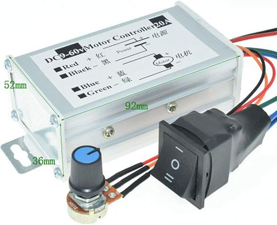 DC Motor Speed Controller DC 9-60V Pulse Width Modulation Regulator 20A 1200W Stepless Variable Speed/Forward and Reverse with Knob & Button Switch