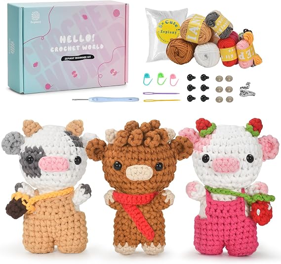 CrochZepiany Crochet Kit for Beginners, Amigurumi Crochet Animal Kit, Crochet Starter Kit Step-by-Step Video Tutorials,Beginner Crochet Kit for Adults,Crocheting Kit-2 Dairy Cows and Highland Cow