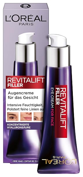 L'Oréal Paris Revitalift Filler Hyaluronic Acid Anti-Ageing Eye Cream for Face Anti-Wrinkle and Volume with Hyaluronic Acid Vitamin CG & E 30 ml