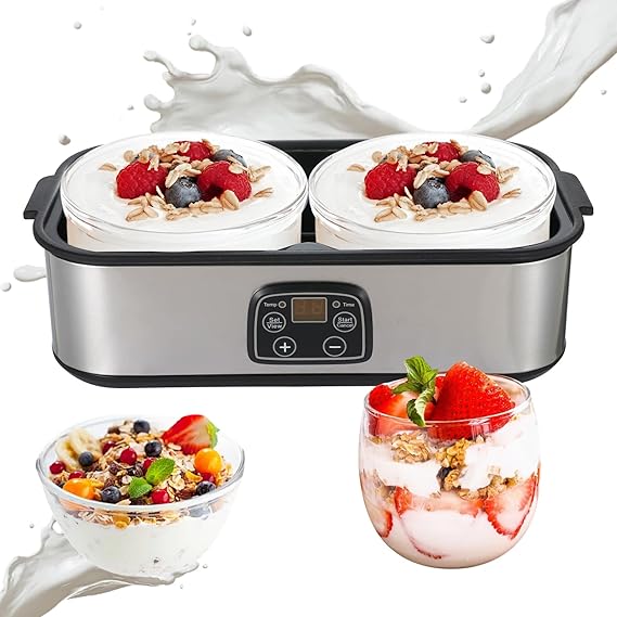 Yogurt Maker, 2L Yoghurt Maker with 2 Glass Jars, Automatic Stainless Steel Yogurt Maker Machine with Adjustable Time & Temperature Control for Homemade Probiotic Yogurt, Fermentation (Silver 2L)