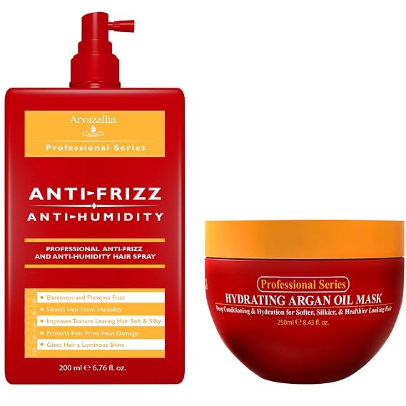 Arvazallia Hydrating Argan Oil Hair Mask and Anti-Frizz Anti-Humidity Spray Treatment Bundle - Professional Grade Deep Conditioning, Frizz Control,