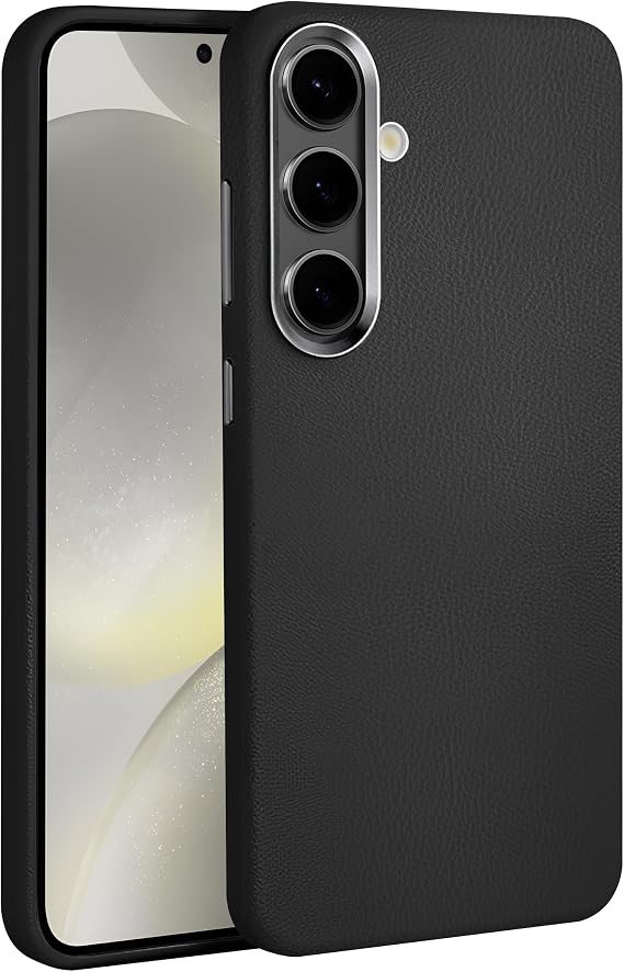 Teknoft Samsung Galaxy S24 için Leth Shield Serisi Parmak İzi Tutmayan Deri Görünümlü Metal Tuşlu ve Metal Lens Çerçeveli Silikon Kılıf (Siyah, Galaxy S24)