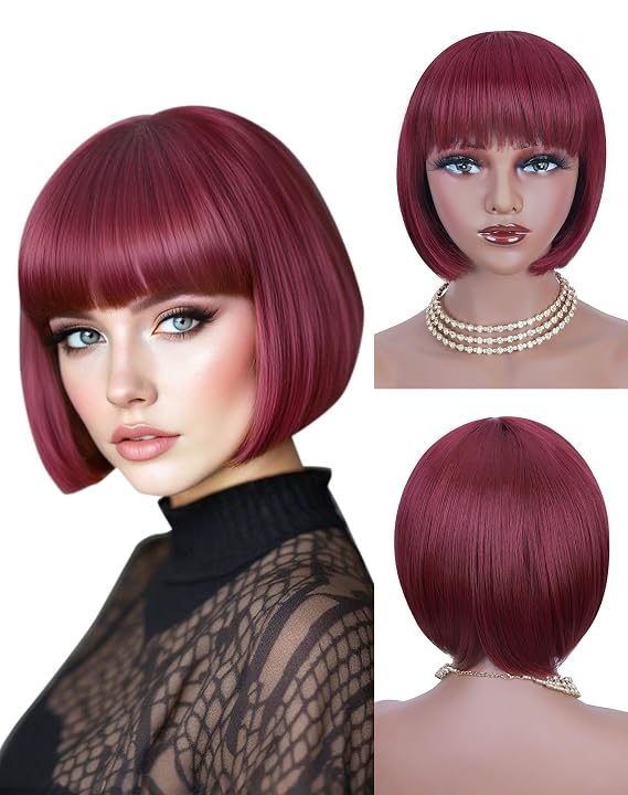 QUEENTAS Bob Wigs for Women Short Burgundy Bob Wig Shoulder Length Straight Bob Wigs with Bangs Natural Looking Synthetic Glueless Wig for Daily and Cosplay/Party(#99J/Dark Red/Cherry Red)