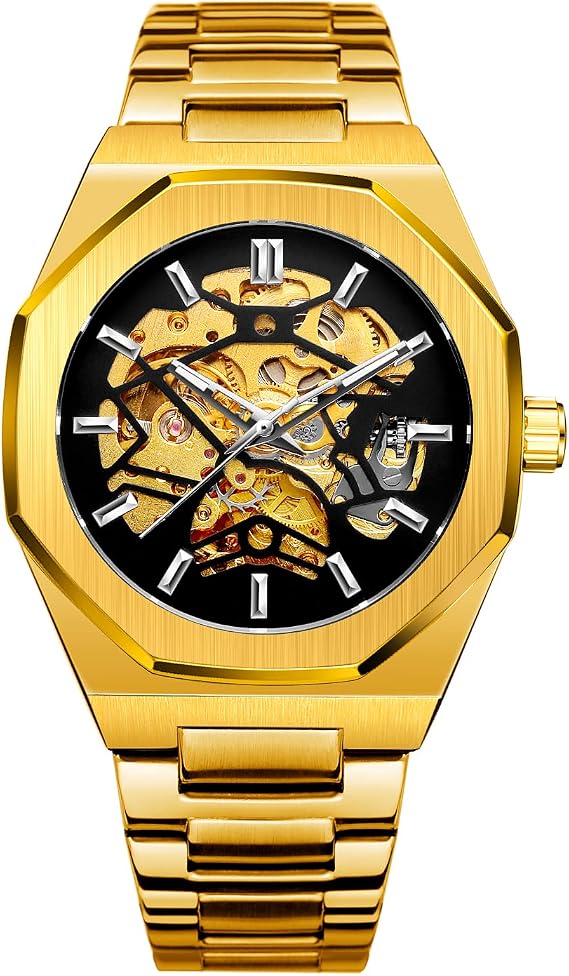 Skeleton Mechanical Watch for Men - Automatic Open Heart Design Stainless Steel Band - Premium Skeleton Watch for Casual & Formal Wear, Gold Black, Classic