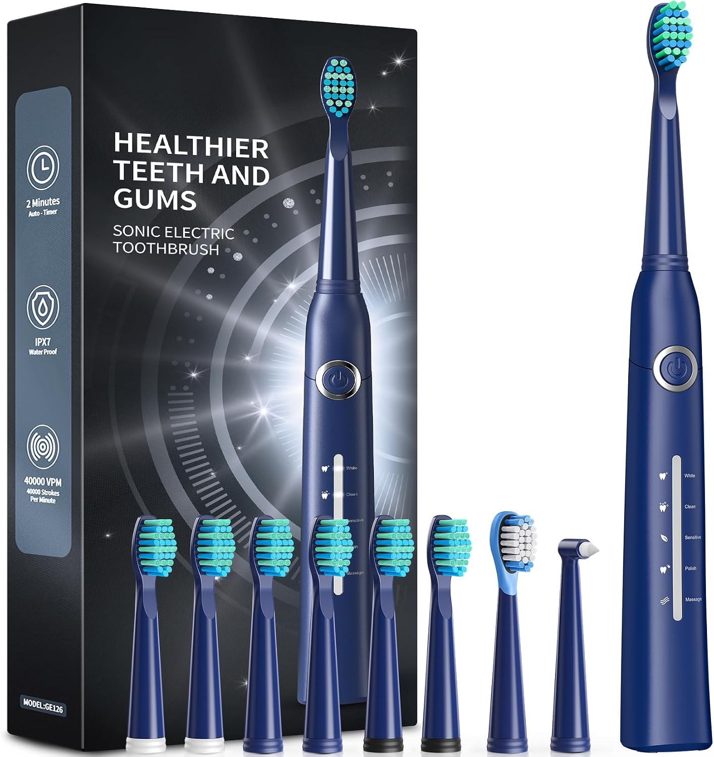 Electric Toothbrush, Sonic Toothbrushes with 8 Brush Heads 40000 VPM 5 Modes, Sonic Toothbrushes Fast Charge 4 Hours Last 30 Days, Rechargeable Electric Toothbrush for Adult Deepblue
