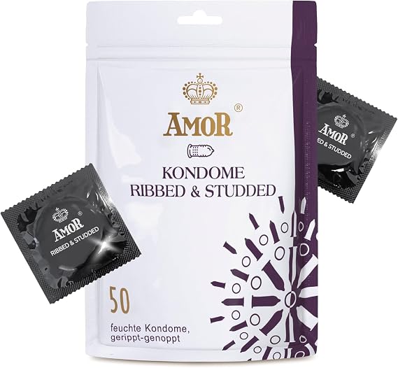 AMOR Premium Condoms Ribbed-Dotted, Ø 54 mm, Transparent, Pack of 50