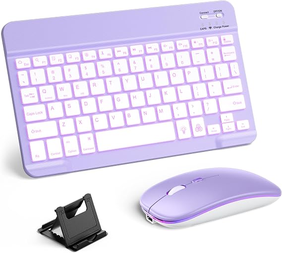 Hamile Bluetooth Keyboard and Mouse for iPad - Rechargeable Wireless Keyboard for iPad 11th/10th/9th Gen, Pro/Air/Mini, iPhone, Ultra-Slim Tablet Keyboard and Mouse with 7-Color Backlit, Purple