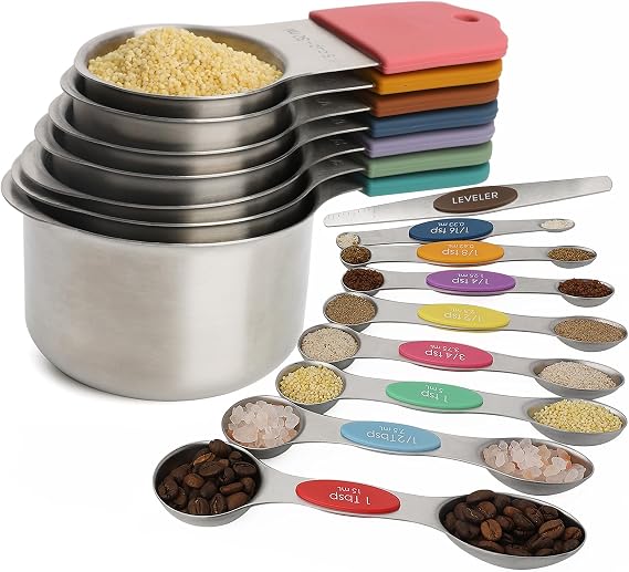 Magnetic Measuring Cups and Spoons Sets Stainless Steel Measuring Cup Set 7 | Magnetic Measuring Spoons Set of 8 with Leveler for Dry Liquid Ingredients