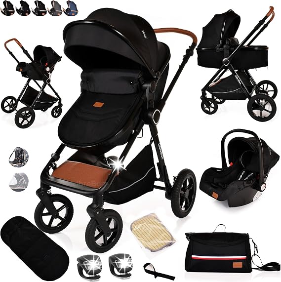 Baby Buggy Pram Pushchair Stroller 3 in 1 Child Lightweight Folding Stroller 3 in 1 Travel System Pram for Newborns & Toddlers from Birth (Black Black)