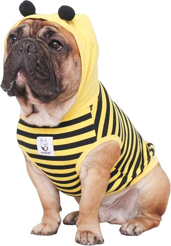 iChoue English Bulldog Halloween Costume Clothes Hoodie Bee Yellow, XXL