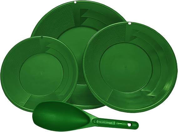 Sluice Fox Prospectors Gold Panning Starter Kit for Kids or Adults with 3 Different Size Gold Pans with Dual Riffles, Pay Dirt Sand Scoop; Basic Gold Prospecting Kit