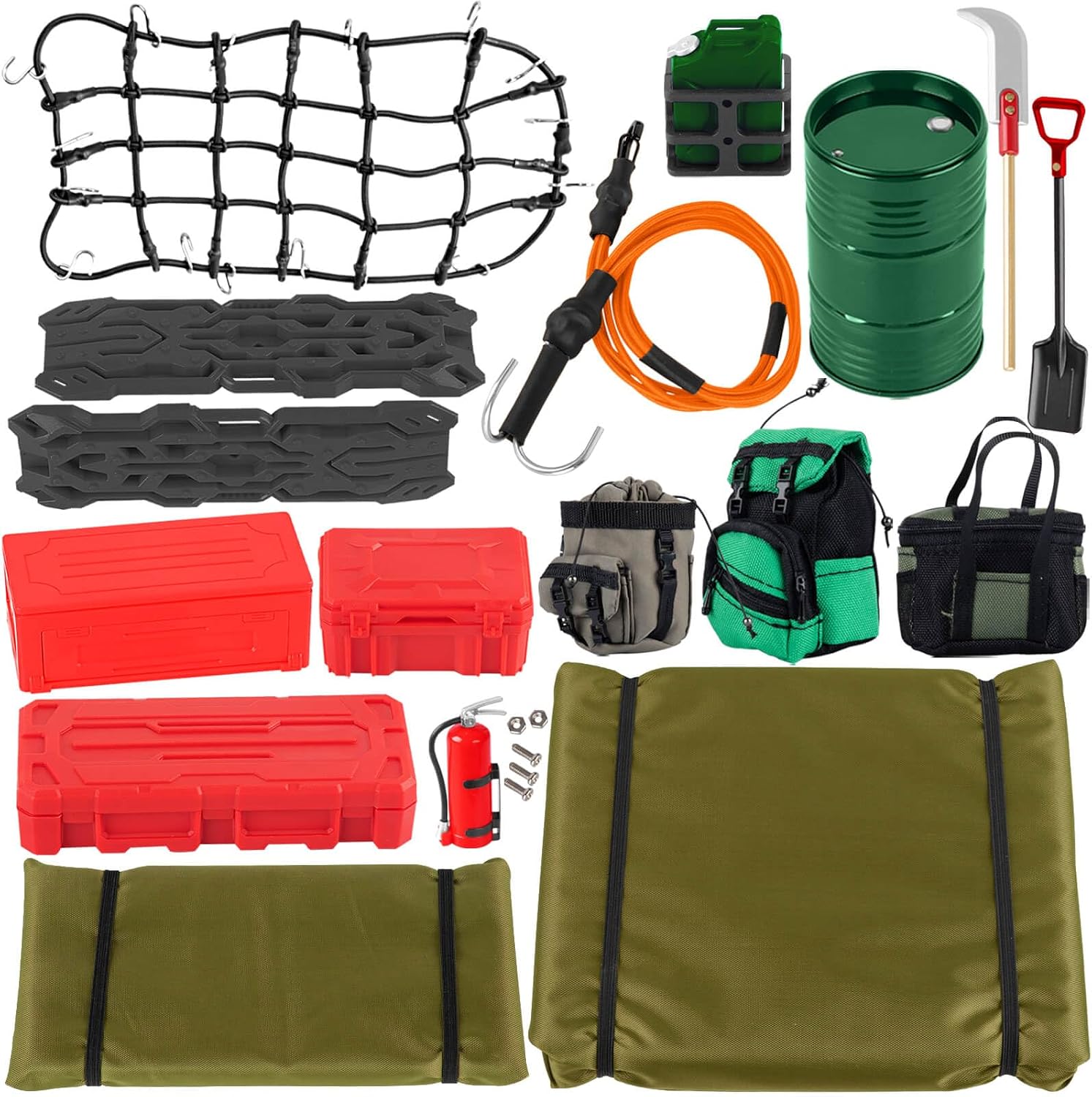 RC Roof Luggage Tent Bag Decoration Upgrades Part for 1/10 Trx4 Trx6 SCX10 GEN 7/GEN 8,Toolbox Luggage Case/Net/Bag,Recovery Board,Tank,Oil Drum,Pot Bag,Shovel,Elastic Force Rope,Orange