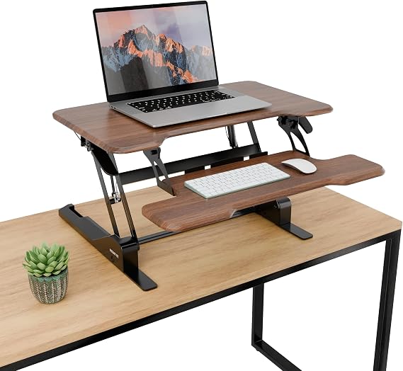 Mount-It! Height Adjustable Standing Desk Converter, Compact 30 Wide Tabletop Standing Desk Riser with Gas Spring, Desktop Stand Up Workstation with Keyboard Tray Fits Monitor or Laptop, Dark Walnut