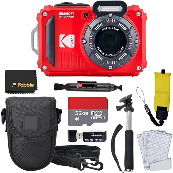KODAK PIXPRO WPZ2 Rugged Waterproof Digital Camera, Red Bundles with Case, Monopod, Card Reader and More (9 Items)