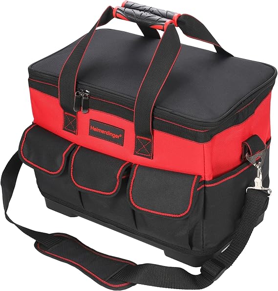 17" Tool Bag with Shoulder Strap, Waterproof Heavy Duty Organizer | Large Tool Bag ,Wide Open Mouth Toolbag for Electrician Mechanic Plumber HVAC,Plastic Hard Bottom Base Tool Tote Bag